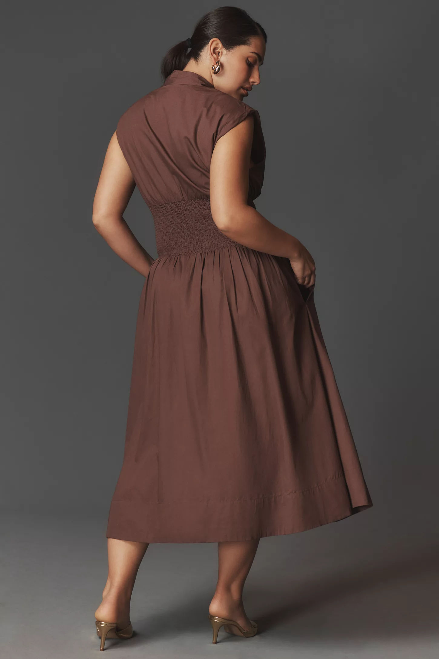 Cap-Sleeve Smocked Front-Zip Shirt Dress(BUY 2 FREE SHIPPING)