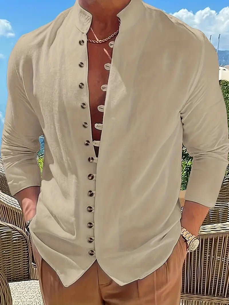 Hudson™ | Long-Sleeved Linen Shirt with Mandarin Collar