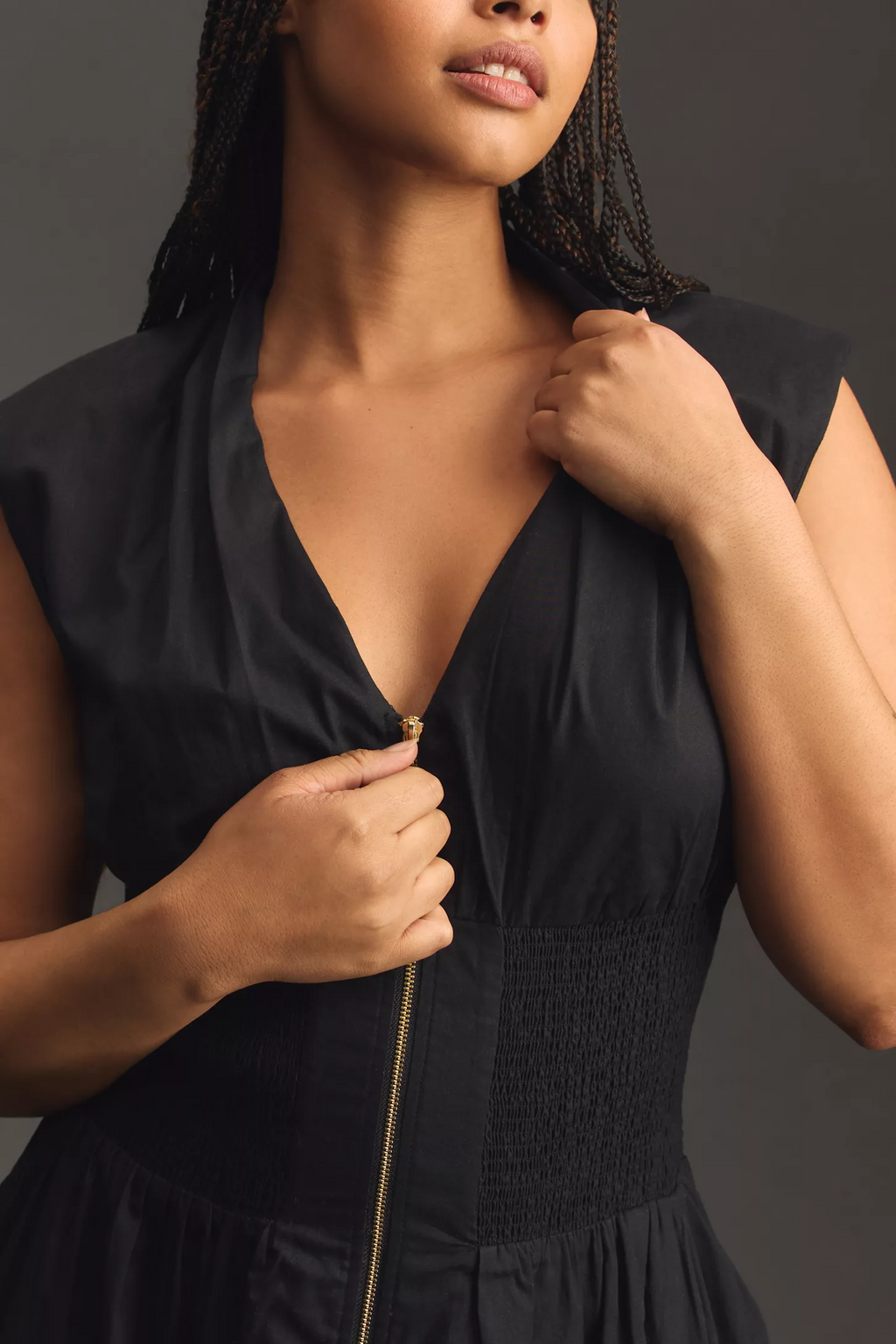 Cap-Sleeve Smocked Front-Zip Shirt Dress(BUY 2 FREE SHIPPING)